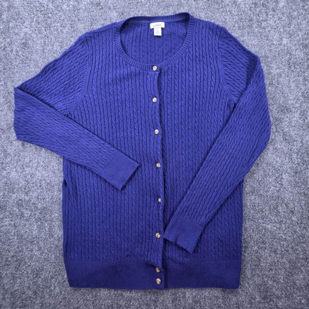 LL Bean Womens Blue Cable Knit Button Front Cardigan Merino Wool Blend M 500637